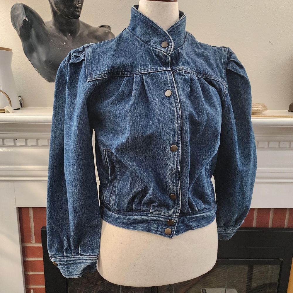 Vintage 80s Denim Bomber Jacket Puff Shoulder Pleated Jean Coat Blue Womens L